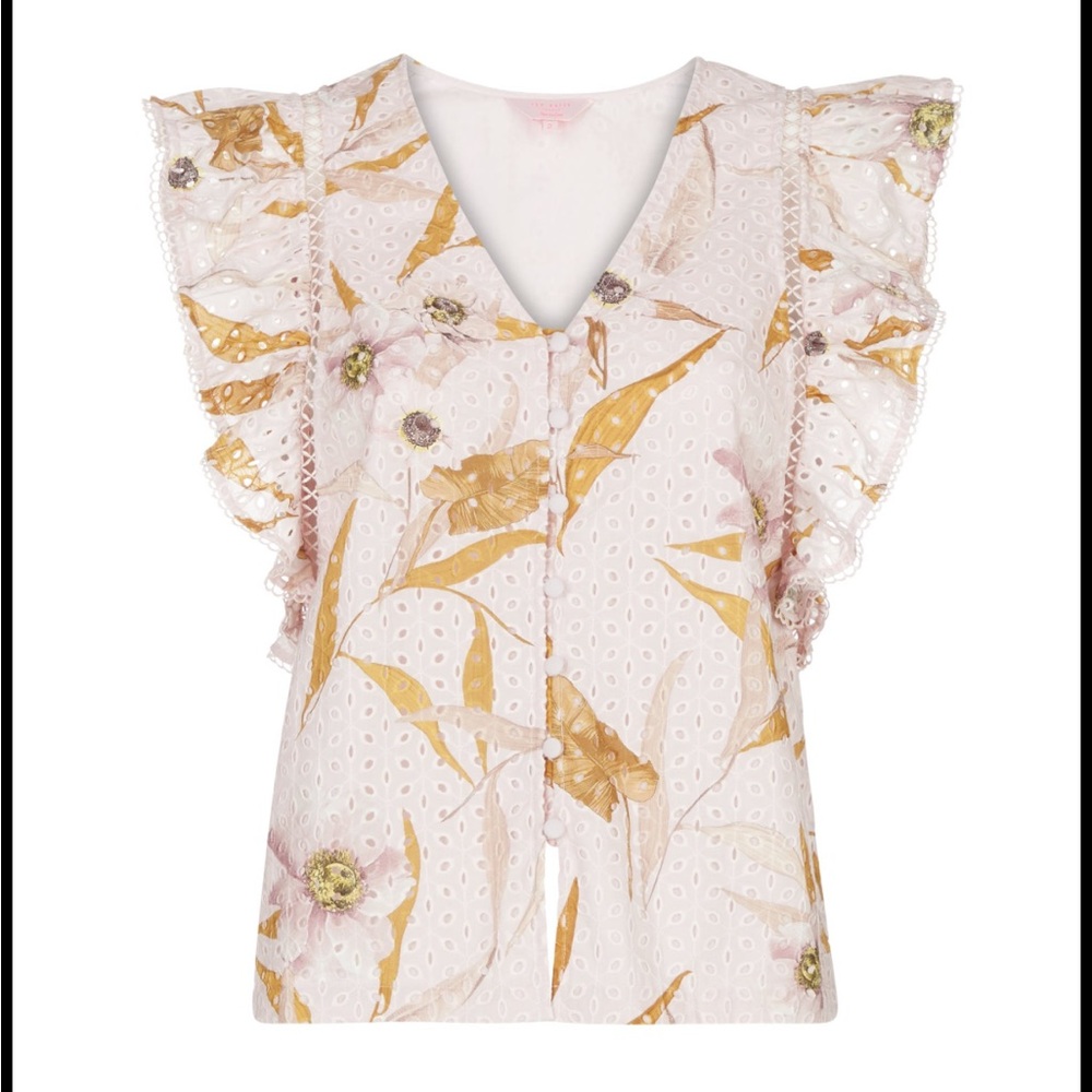 NWOT Ted Baker Ruffled Button Down Eyelet Blouse